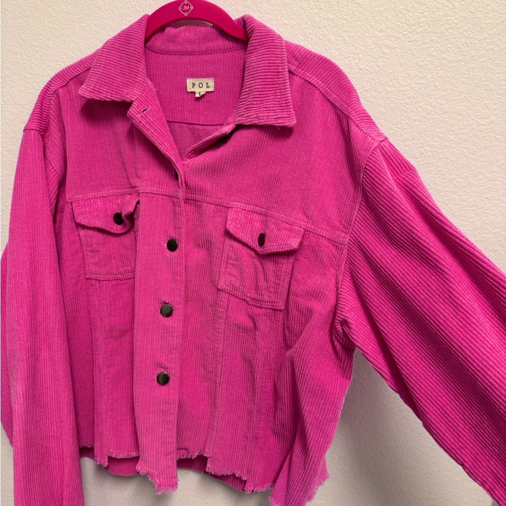 POL Boho Hippie Bubblegum Pink Oversized Distressed Corduroy Jacket Size L